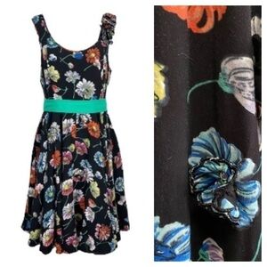 Anthropologie Moulinette Soeurs Black Floral Print Green Belt Sleeveless Dress
